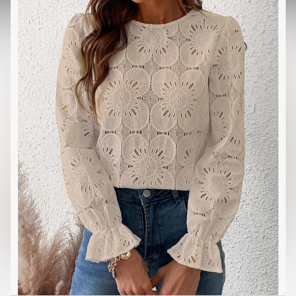 NEW CUPSHE Eyelet Top Womens M Shirt Dressy Embroidered Crochet blouse NWT Beige - Picture 14 of 14